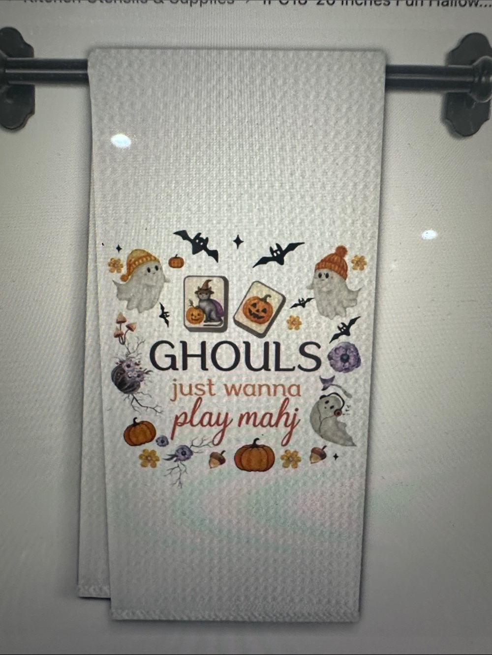 Halloween 'Ghouls Just Wanna Play Mahj' White Kitchen Towel , New
